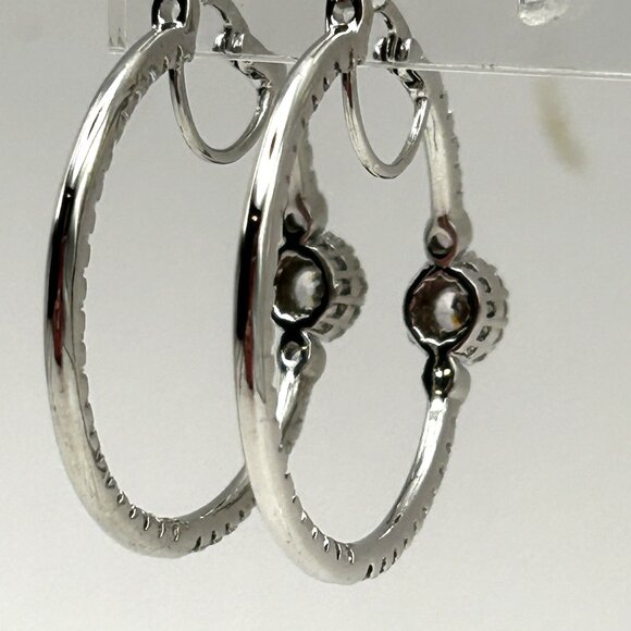 Cubic Zirconia Hoop Earrings Halo Center Sparkling Pave Crystals 1.25” - Picture 9 of 10